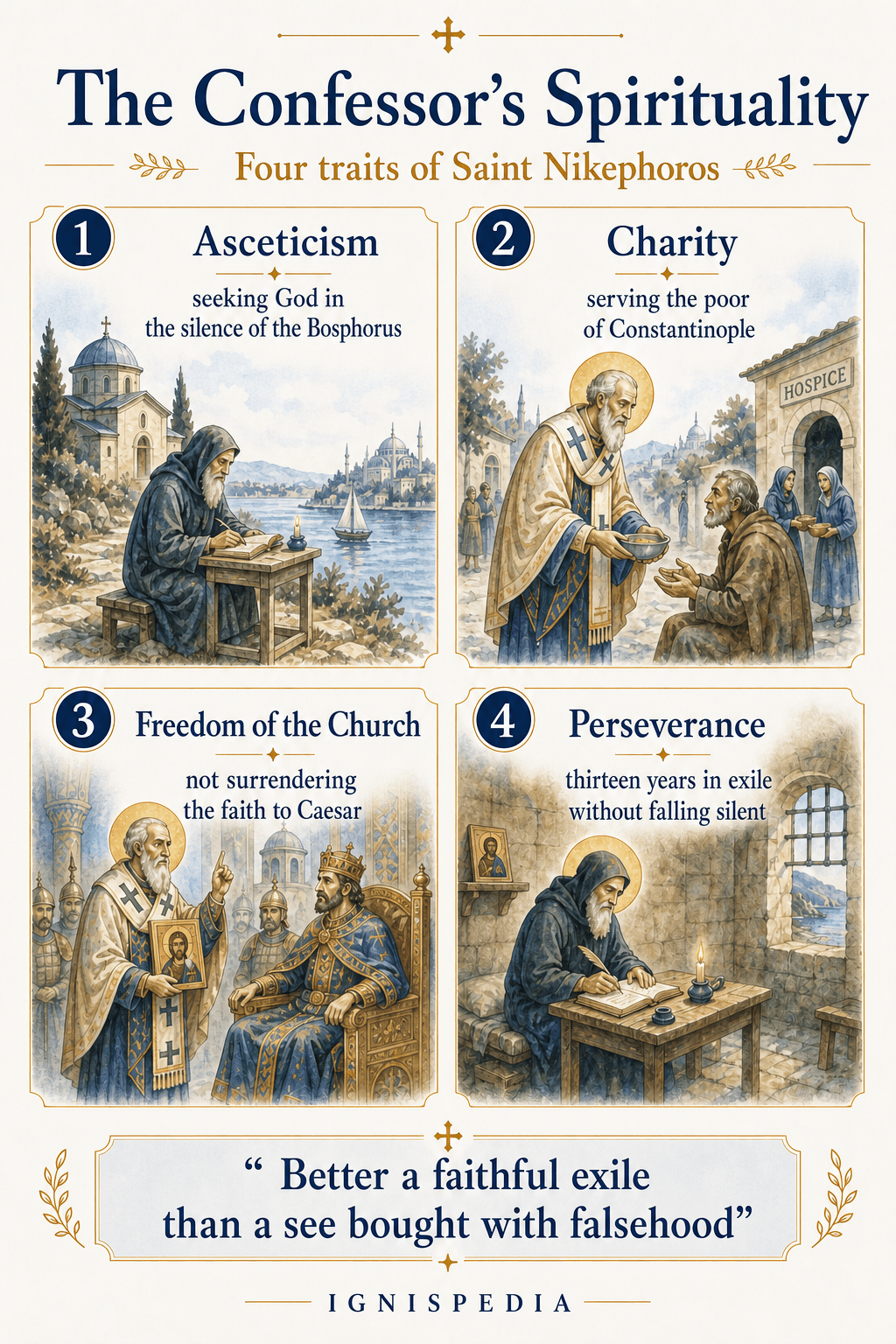 Infographic presenting four traits of the spirituality of Saint Nikephoros