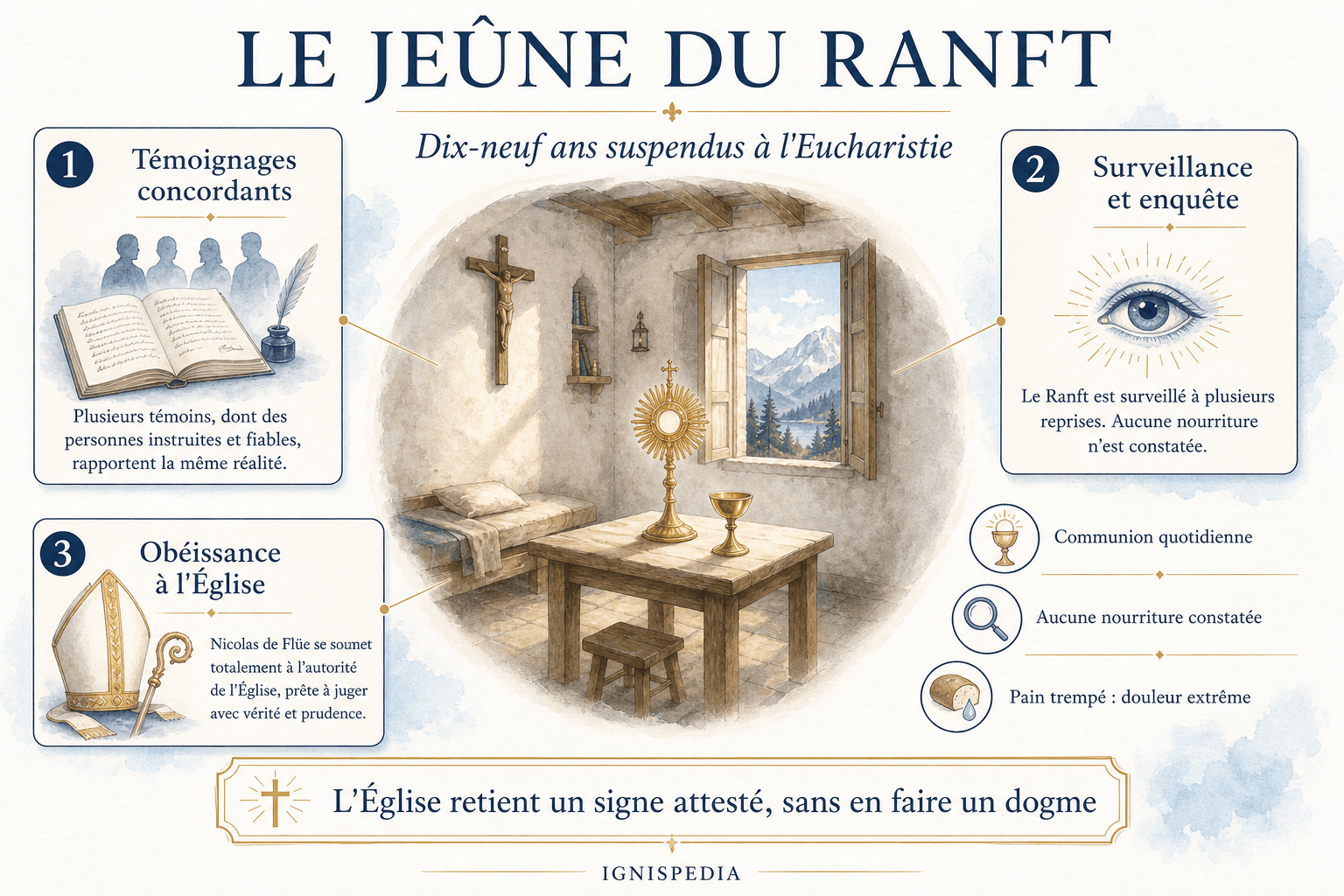 Infographie sur le jeûne eucharistique de saint Nicolas de Flüe au Ranft et les enquêtes ecclésiastiques