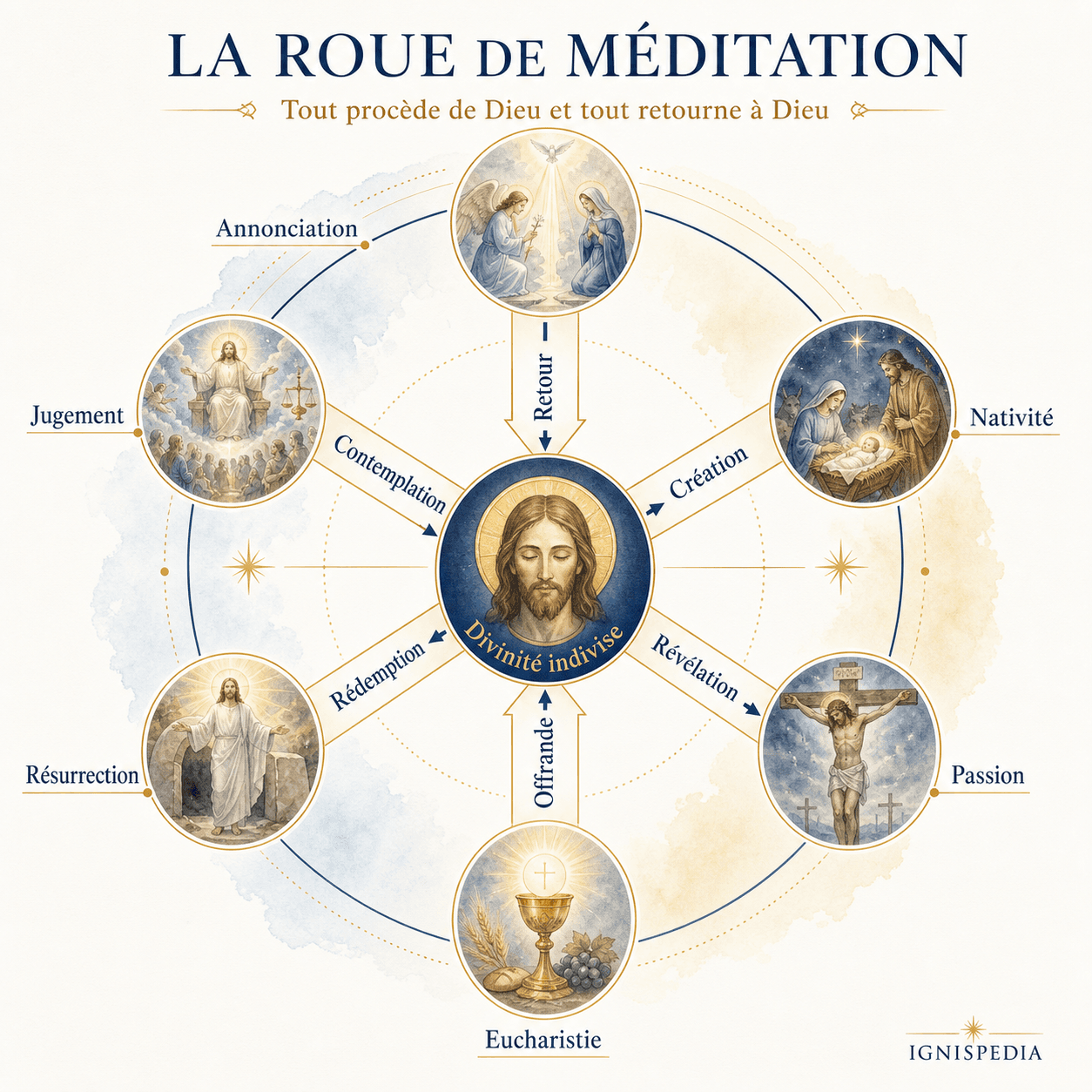 Schéma infographique de la roue de méditation de saint Nicolas de Flüe, avec le centre divin, les rayons entrants et sortants, et les mystères du salut