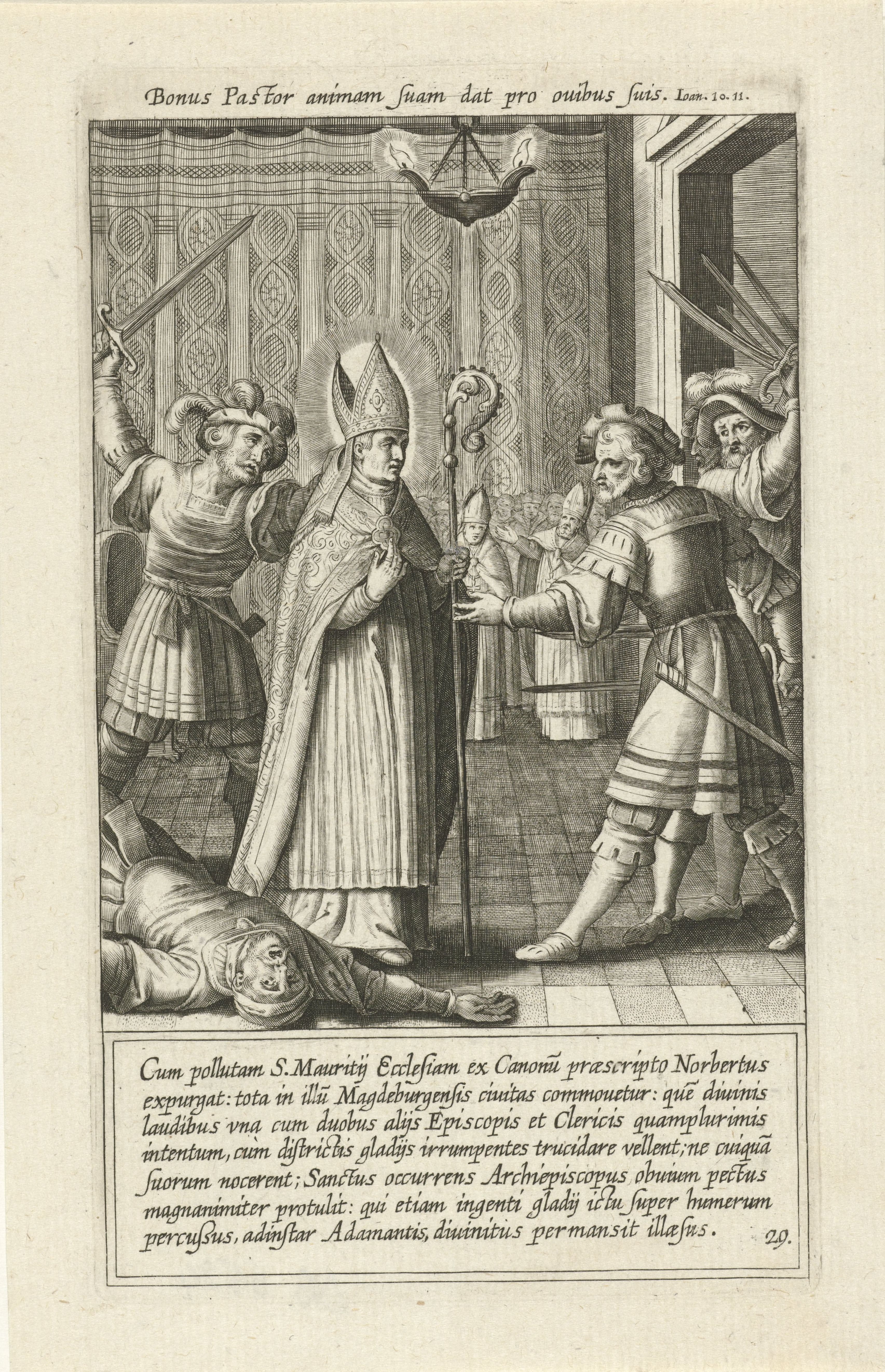 Armed men attacking Saint Norbert, who offers himself in place of his companions