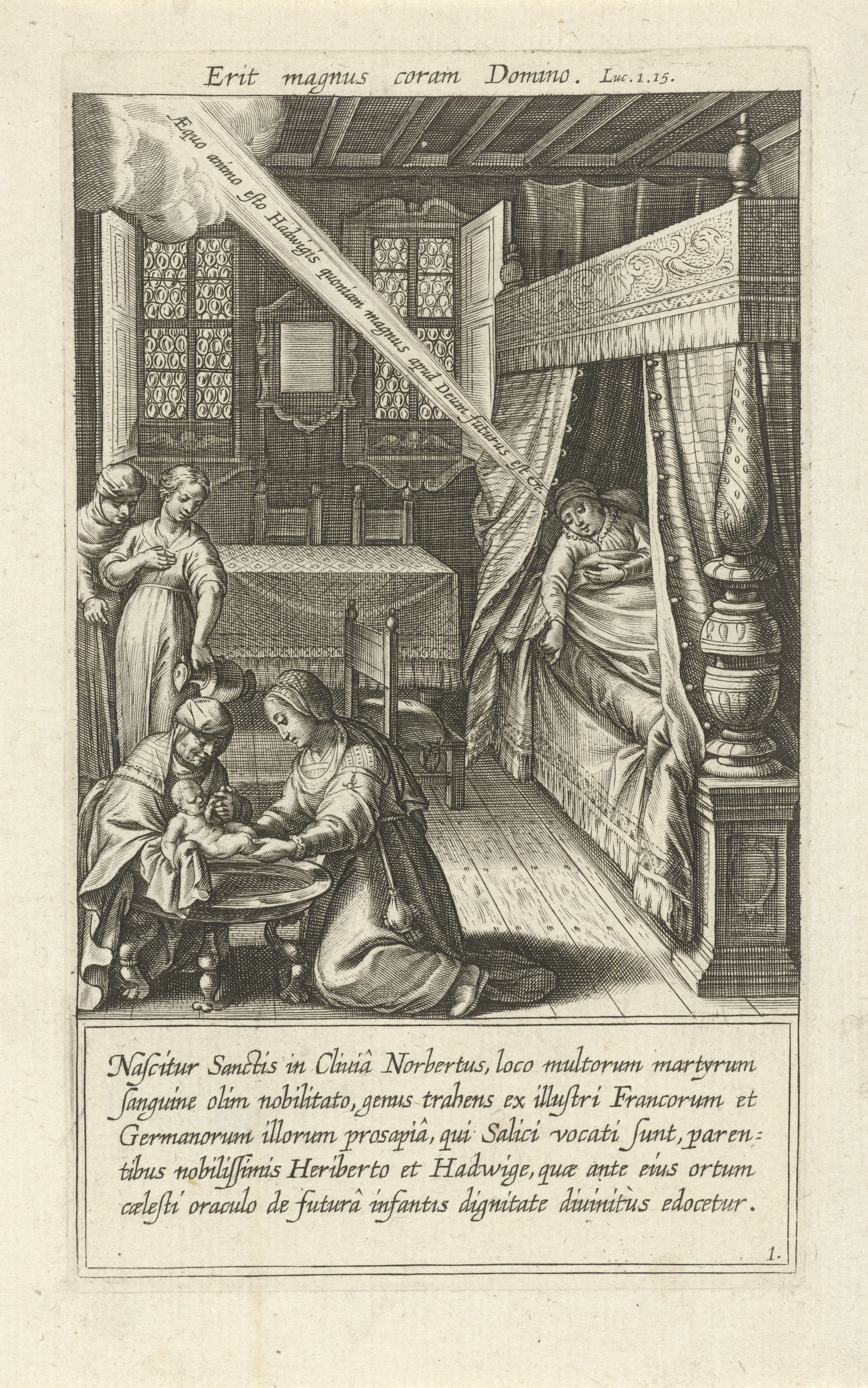 The birth of Saint Norbert: the child washed by midwives while his mother hears the voice of God