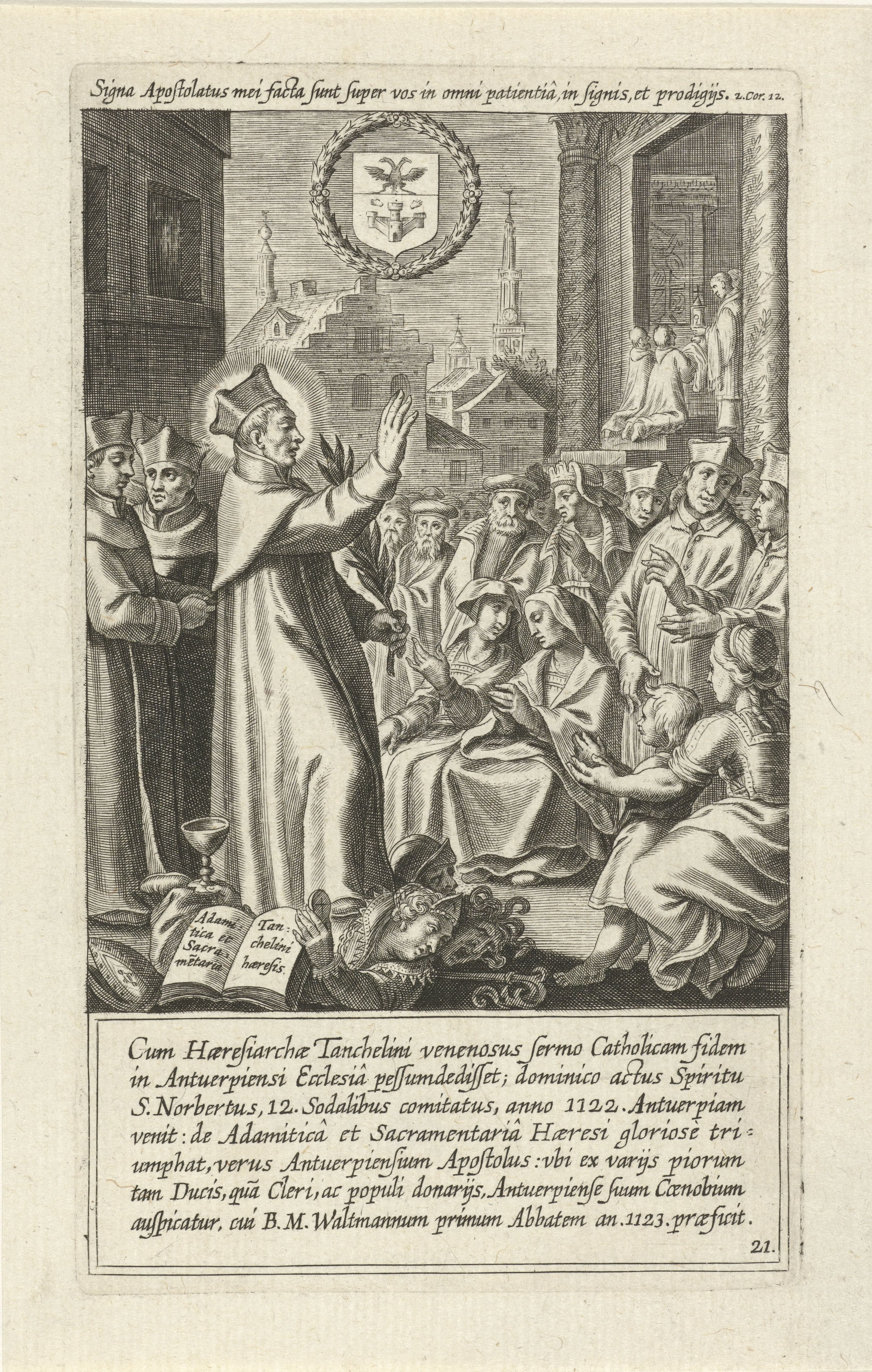 Saint Norbert preaching against Tanchelm at Antwerp, trampling the heresy underfoot