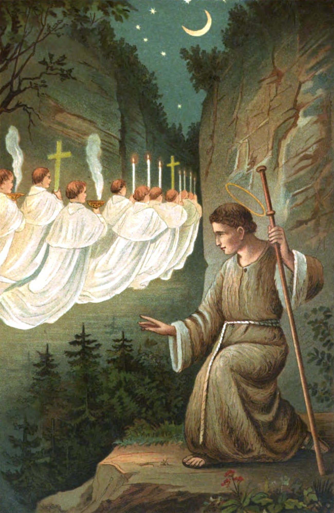 Saint Norbert kneeling in the valley of Prémontré before a procession of canons in white