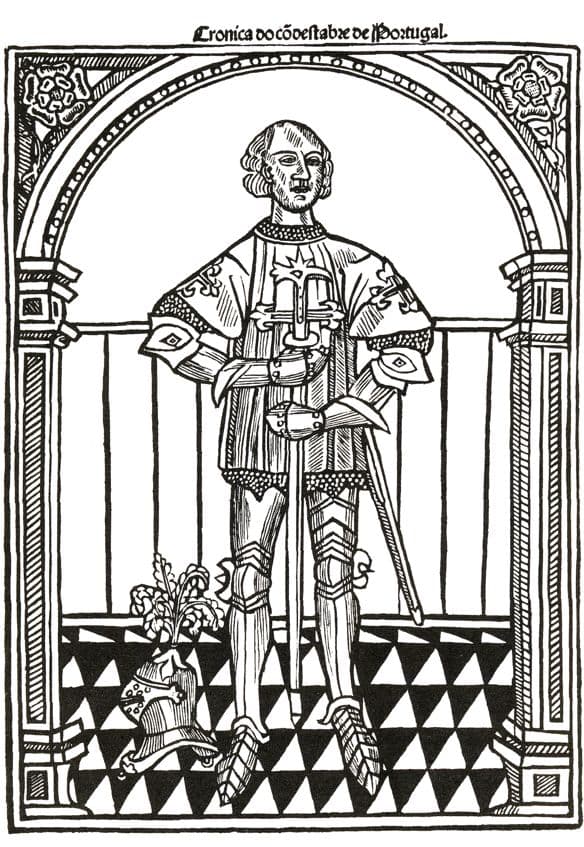 Nuno in armour holding his sword in the 1554 Crónica do Condestável