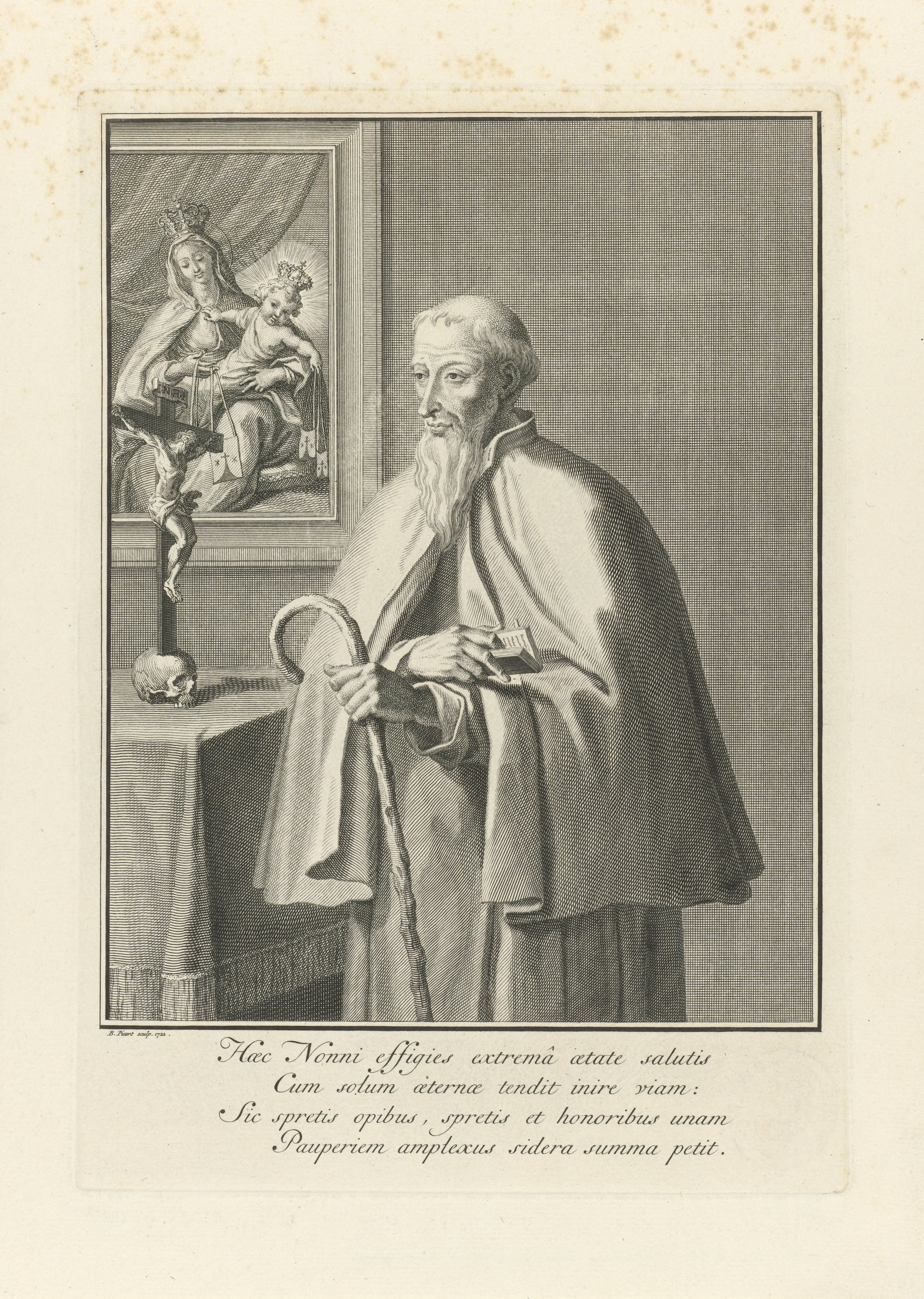 Engraving by Bernard Picart showing Nuno in religious habit praying before a crucifix and an image of Mary