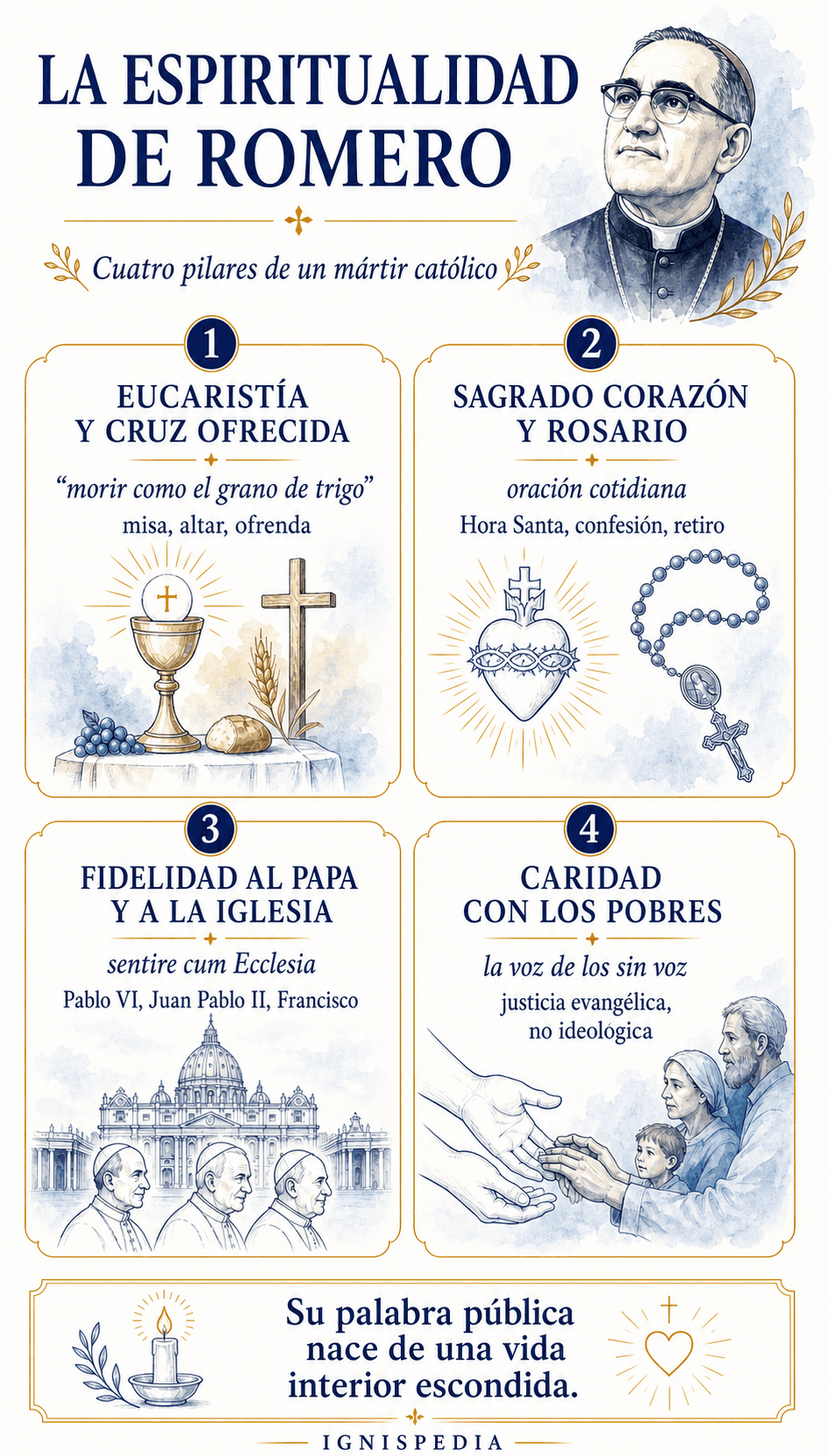 Infografía Ignispedia que presenta los cuatro pilares espirituales de San Óscar Romero: Eucaristía, Sagrado Corazón, fidelidad al Papa y caridad hacia los pobres.