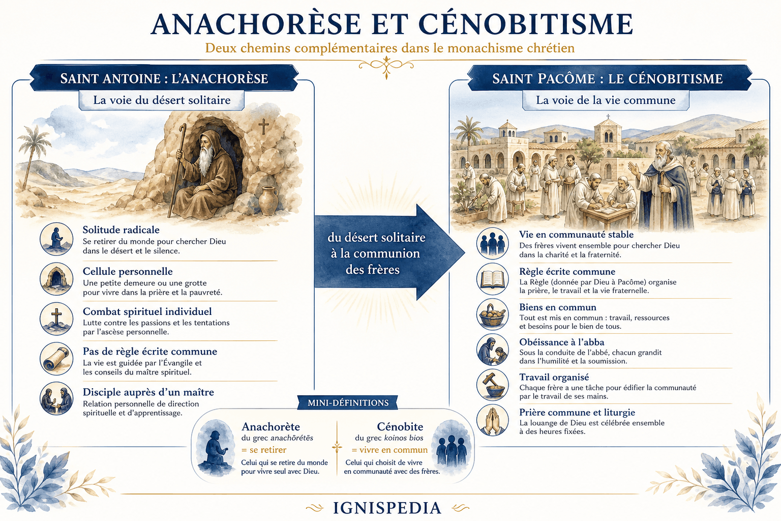 Infographie comparant l'anachorèse de saint Antoine et le cénobitisme de saint Pacôme