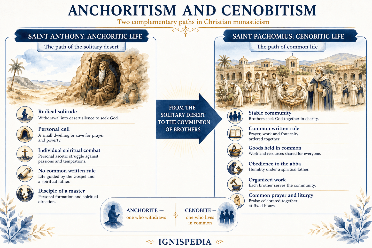 Infographic comparing Saint Anthony’s anchoritic life with Saint Pachomius’s cenobitic life