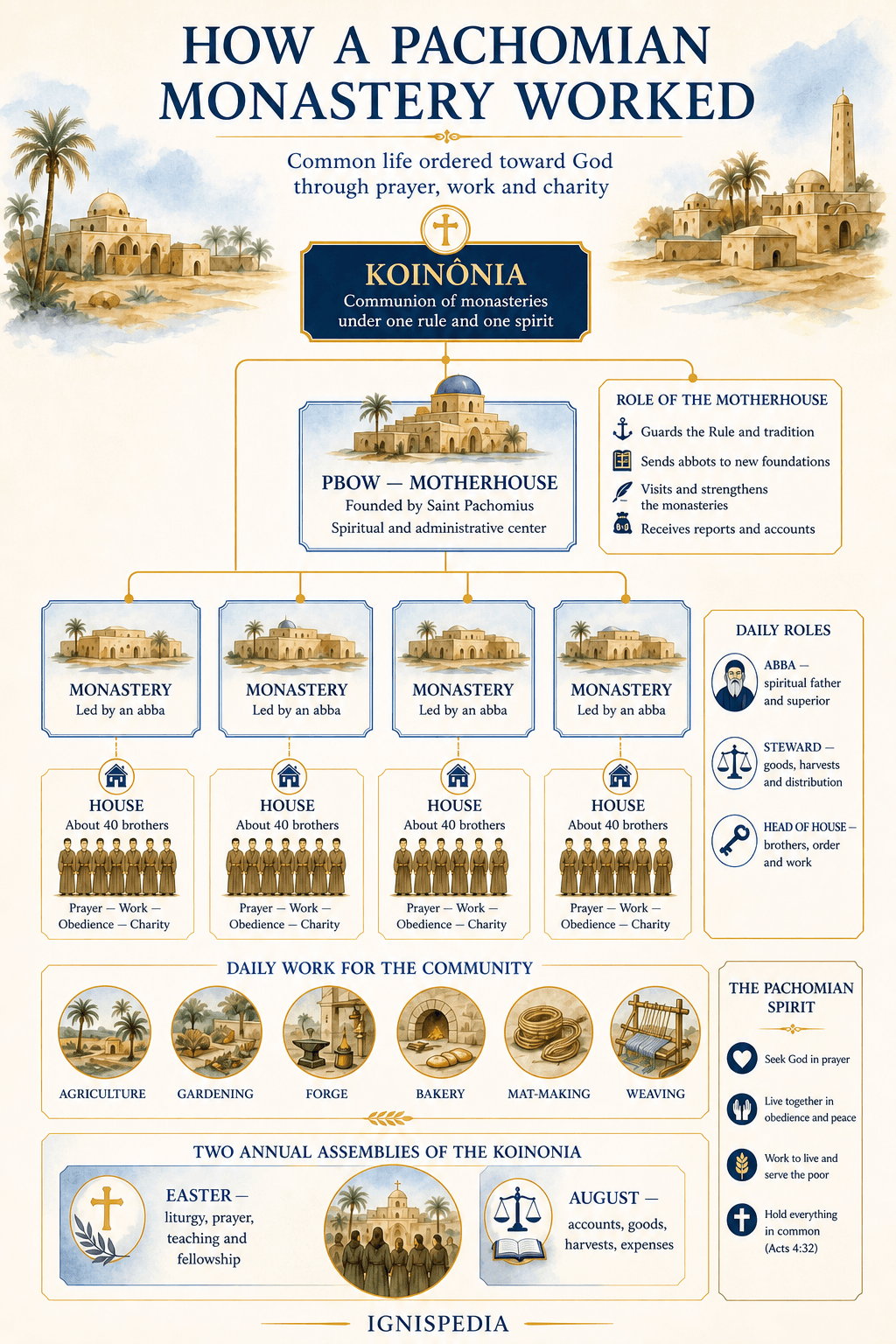 Diagram of a Pachomian monastery: Koinonia, motherhouse, monasteries, houses and trades