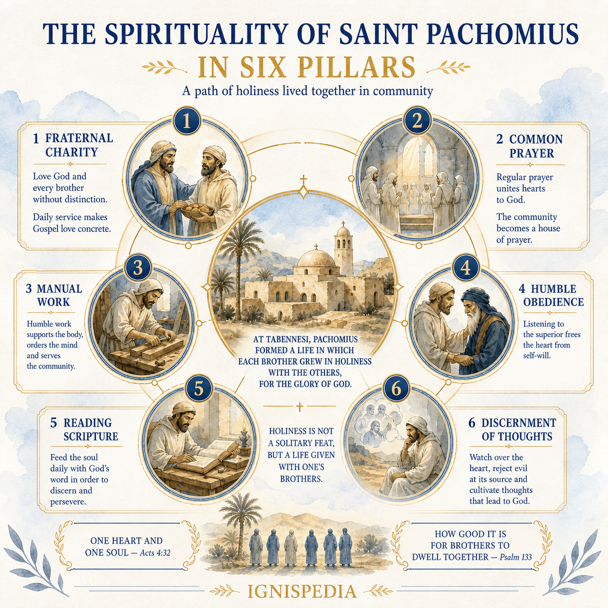 Infographic on the six pillars of Saint Pachomius’s spirituality: charity, prayer, work, obedience, Scripture and discernment