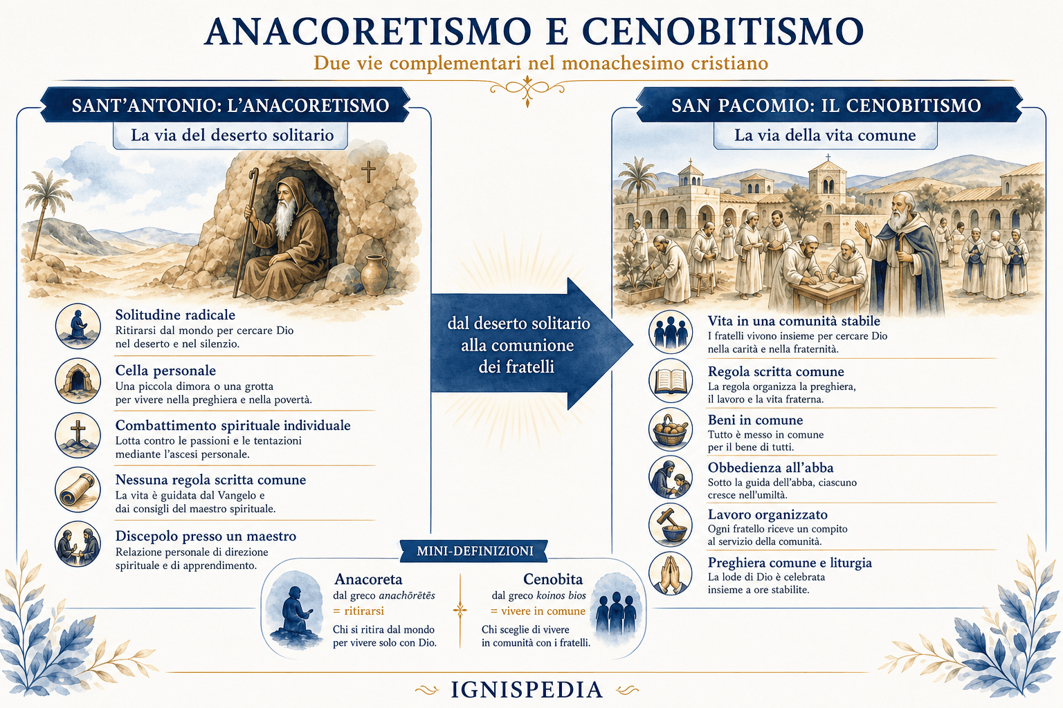 Infografica che confronta l’anacoretismo di sant’Antonio con il cenobitismo di san Pacomio