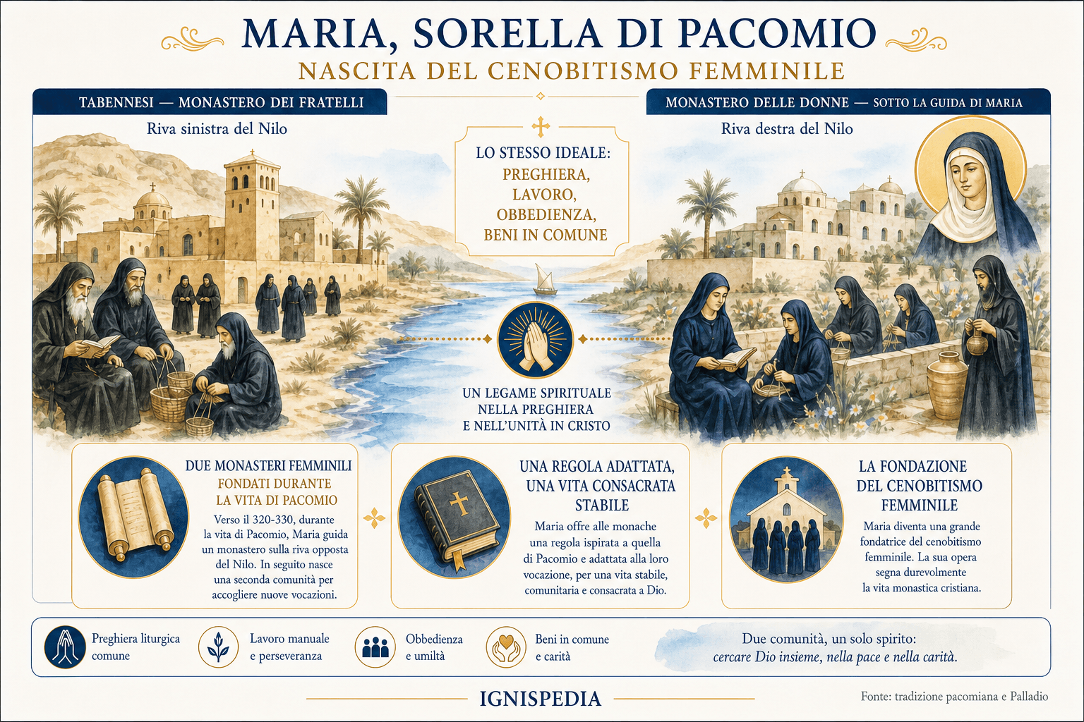 Infografica su Maria, sorella di Pacomio, e i primi monasteri femminili pacomiani