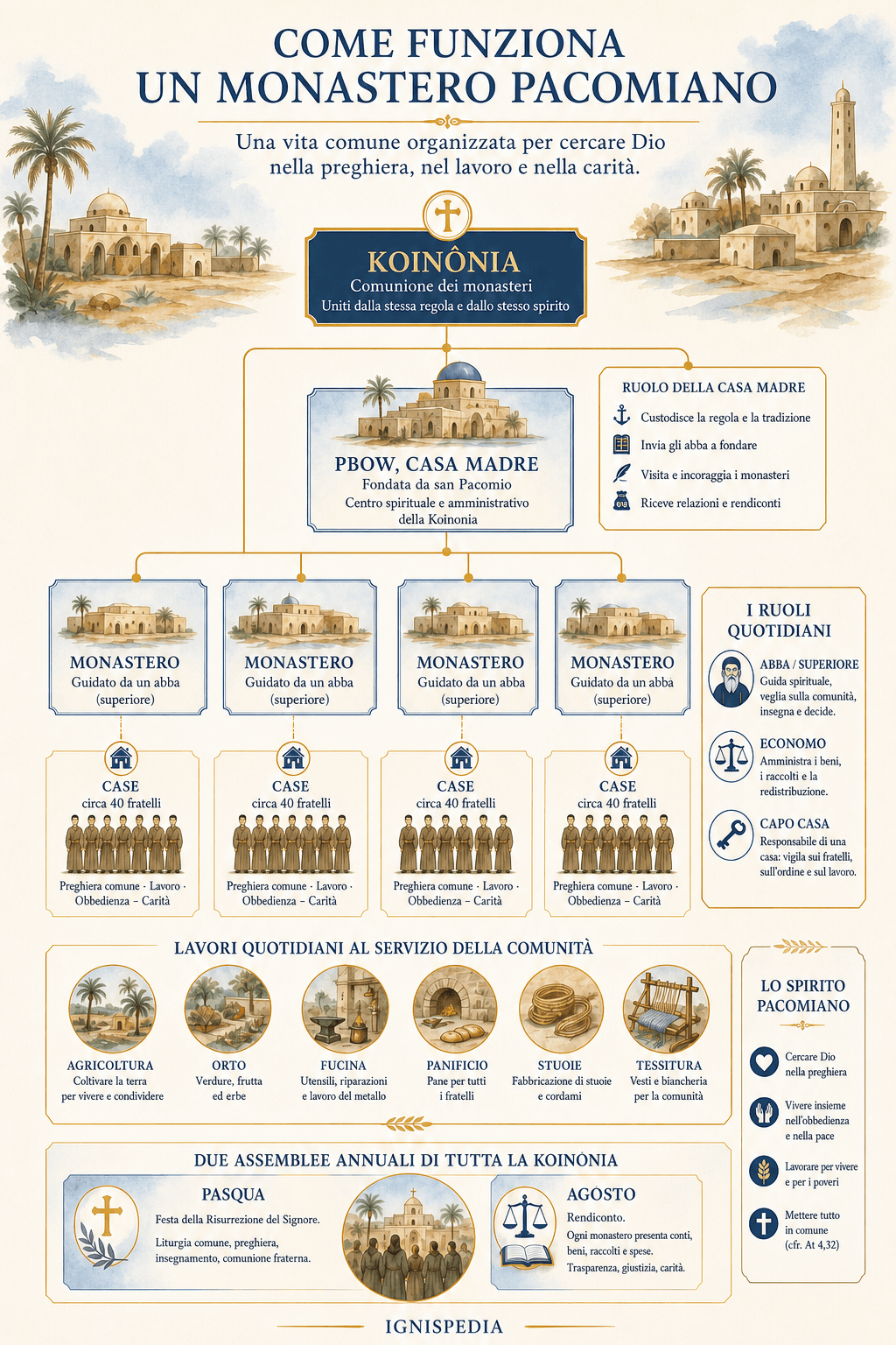 Schema dell’organizzazione di un monastero pacomiano: Koinonia, casa madre, monasteri, case e mestieri