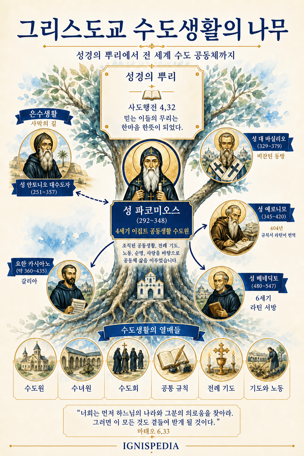 성 파코미오로부터 바실리오, 예로니모, 카시안, 베네딕토로 이어지는 그리스도교 수도생활의 계보도