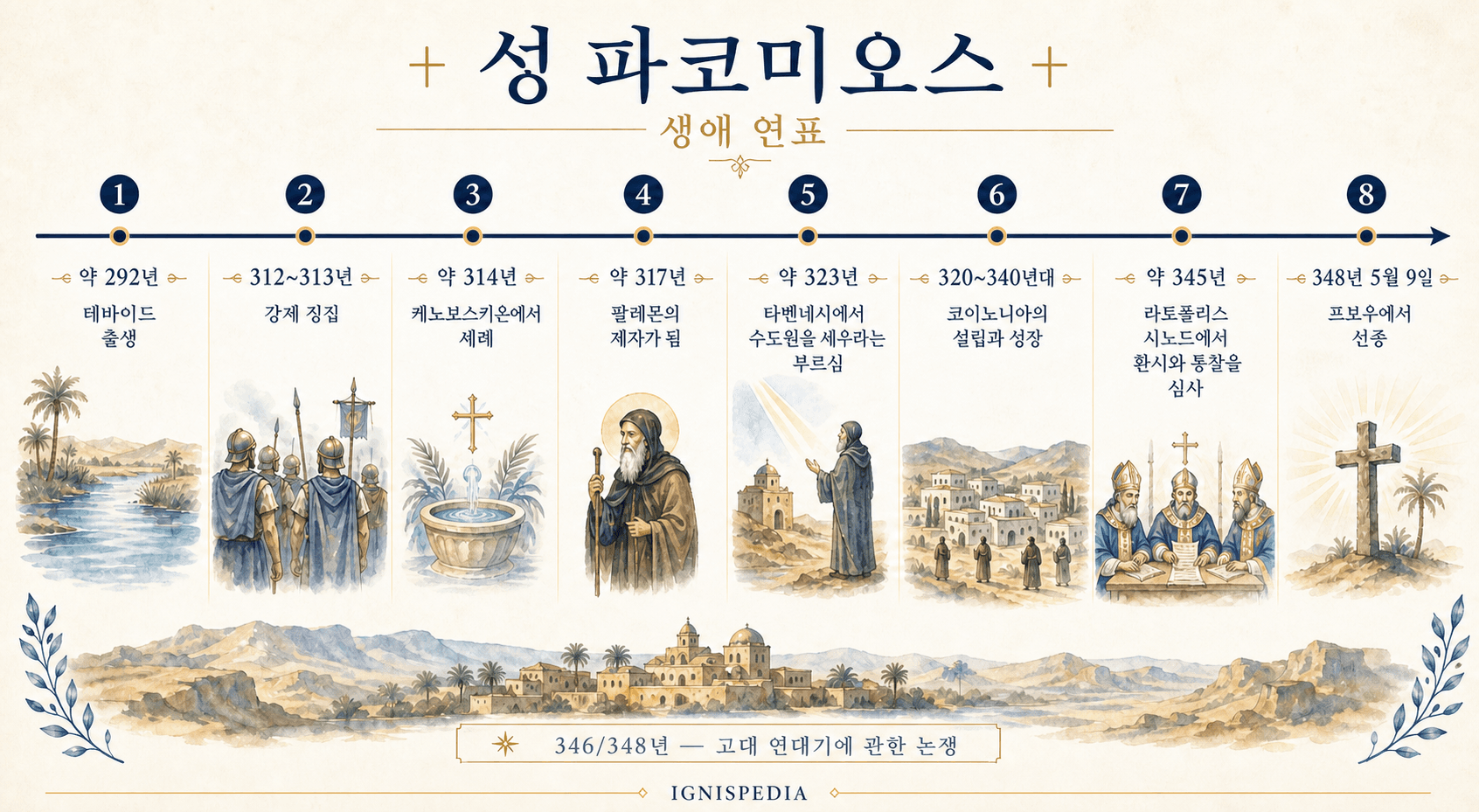 성 파코미오의 생애 연대표: 292년경 출생에서 348년 5월 9일 선종까지