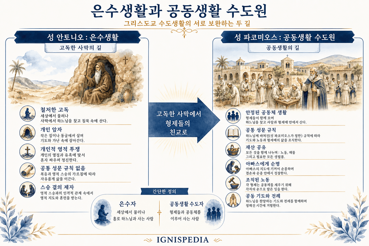 성 안토니오의 은수생활과 성 파코미오의 공동생활 수도원을 비교한 인포그래픽