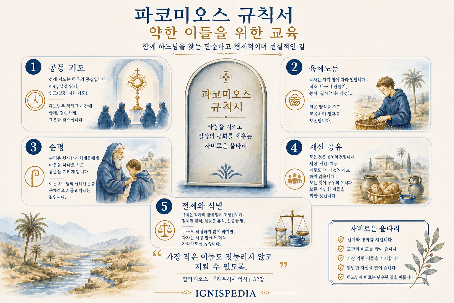 파코미오 규칙의 핵심: 공동 기도, 수공 노동, 순명, 공동 재산, 절제와 식별