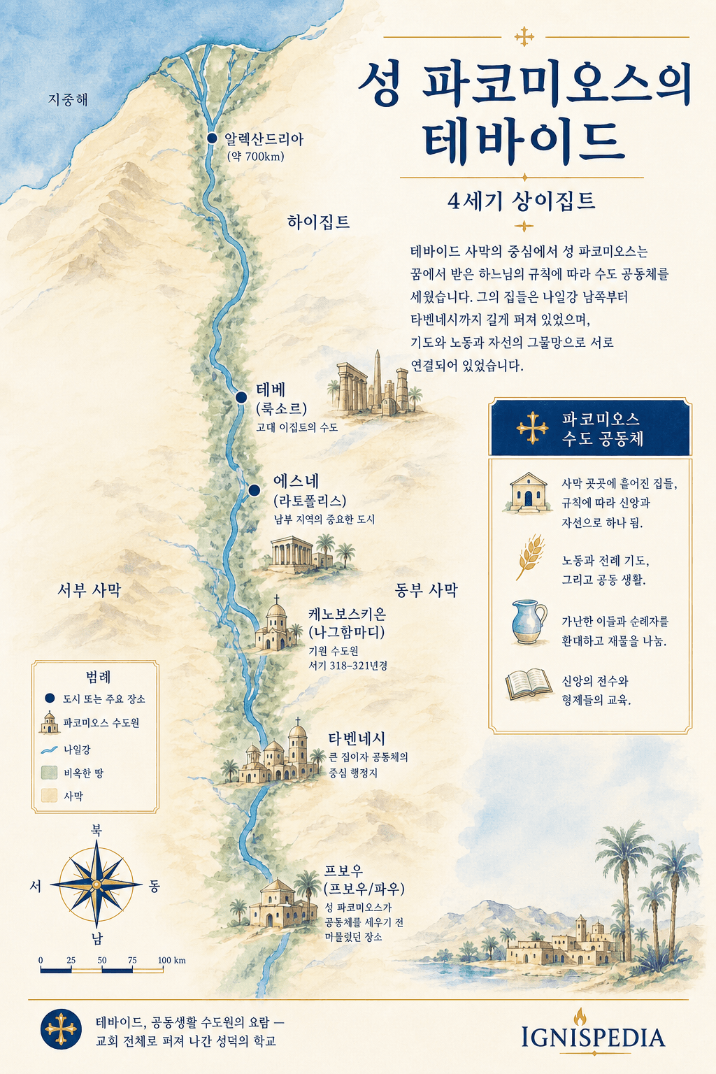 성 파코미오의 테바이드 지도: 나일강, 에스네, 케노보스키온, 타벤네시, 프보우의 위치