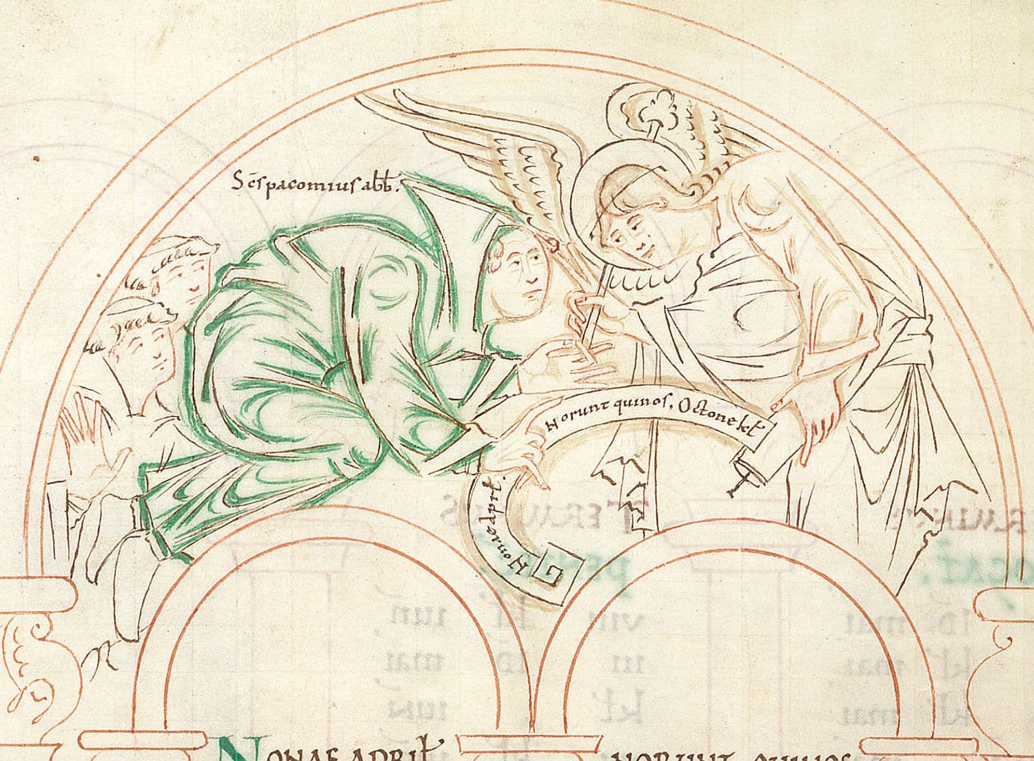 Saint Pacôme recevant une règle d'un ange dans un psautier médiéval
