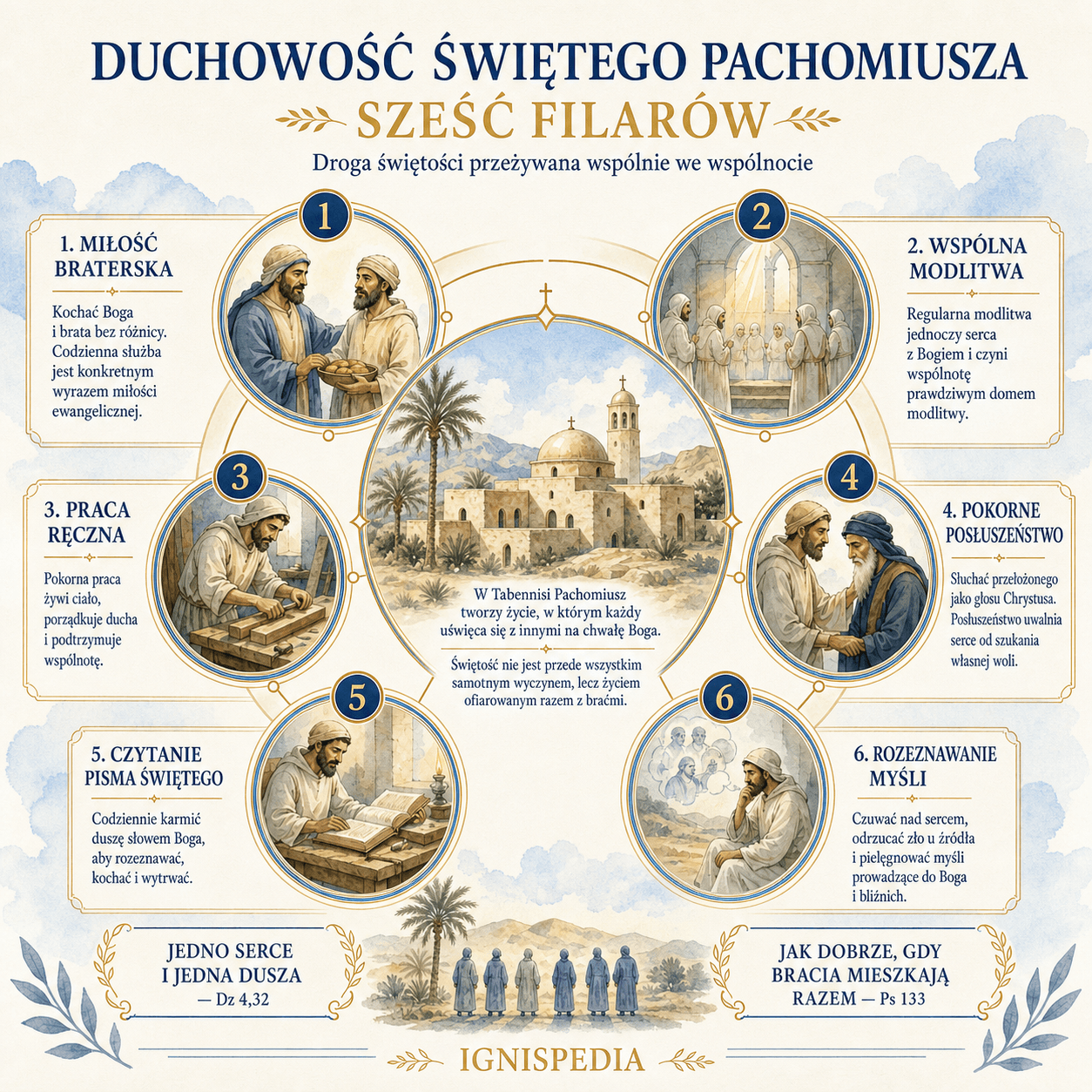 Infografika o sześciu filarach duchowości świętego Pachomiusza: miłości, modlitwie, pracy, posłuszeństwie, Piśmie Świętym i rozeznawaniu