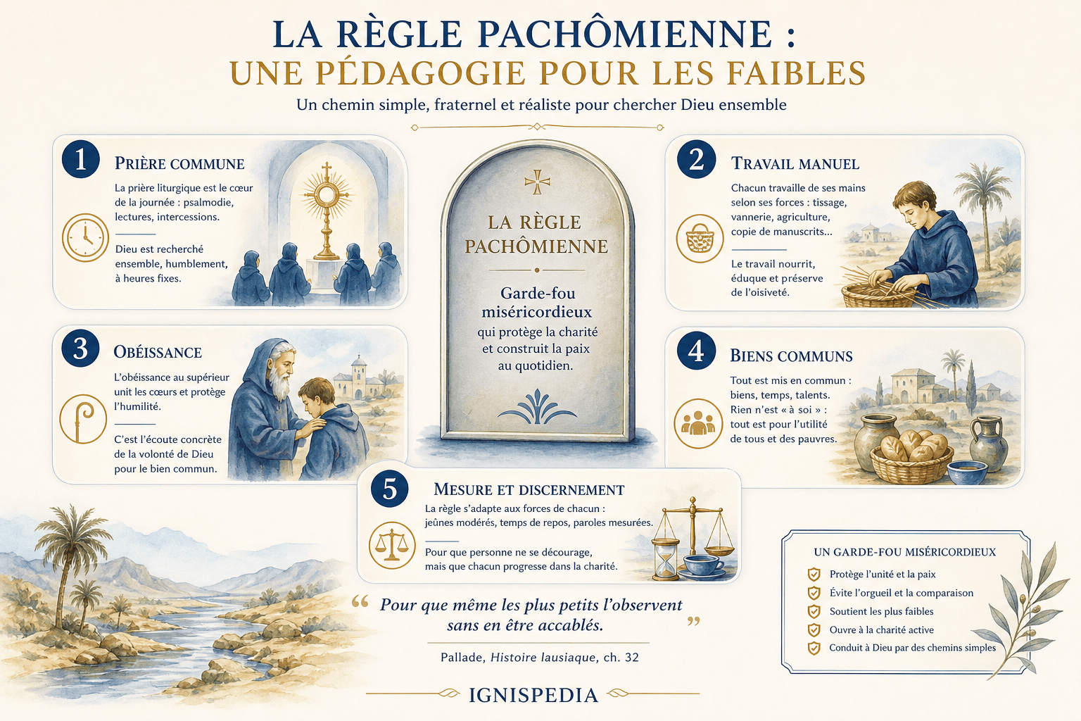 Infographie sur les pôles de la règle pachômienne : prière commune, travail manuel, obéissance, biens communs, mesure et discernement