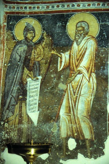 Fresco do século XIV: um anjo entrega a Regra a São Pacómio
