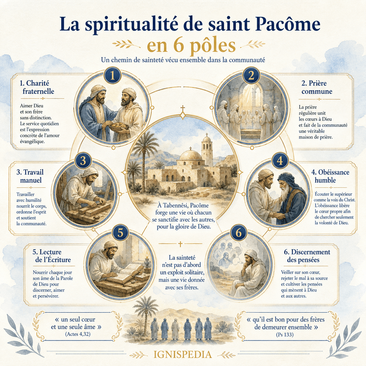 Infographie sur les six pôles de la spiritualité de saint Pacôme : charité, prière, travail, obéissance, Écriture et discernement