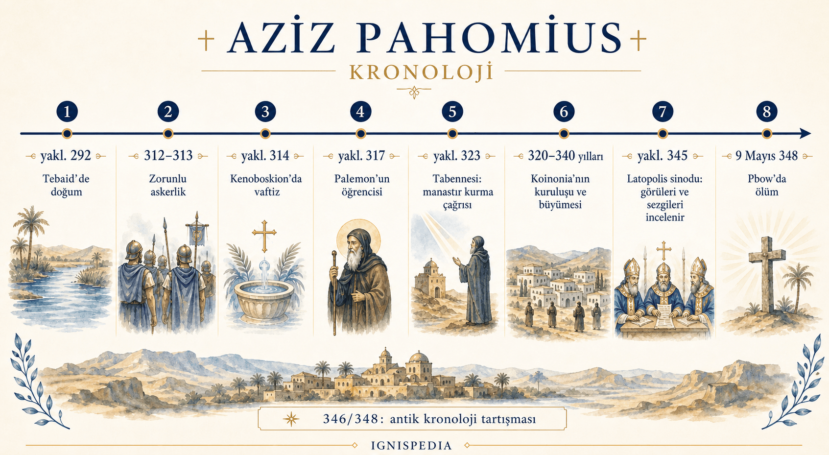 Aziz Pahomius’un yaklaşık 292’deki doğumundan 9 Mayıs 348’deki ölümüne uzanan kronoloji