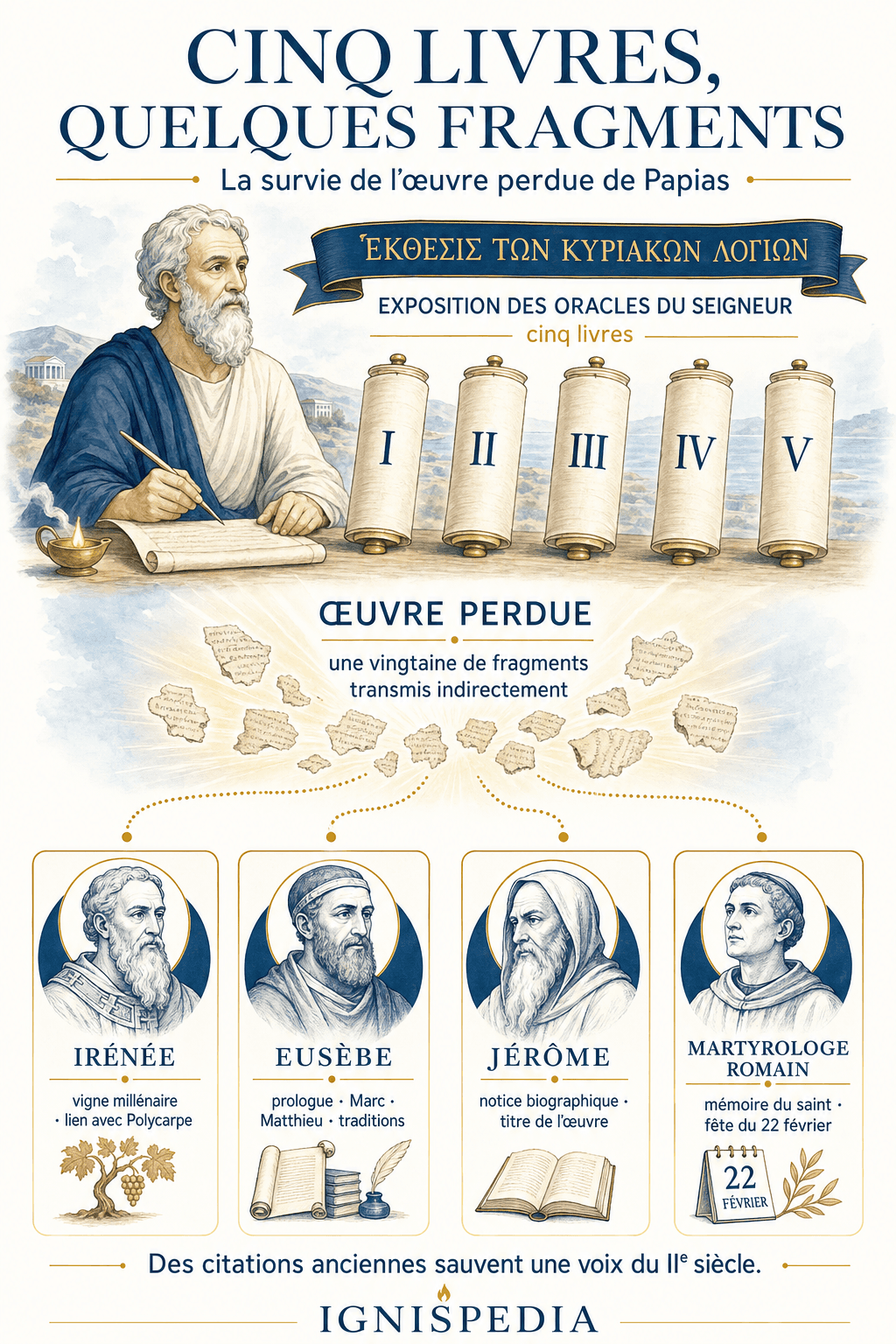 Infografia mostrando os cinco livros perdidos de Pápias e os seus fragmentos transmitidos por Ireneu, Eusébio, Jerónimo e o Martirológio Romano