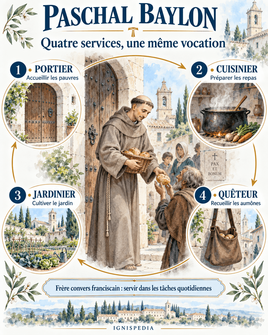 The four conventual offices of Paschal Baylon: porter, cook, gardener and alms-collector