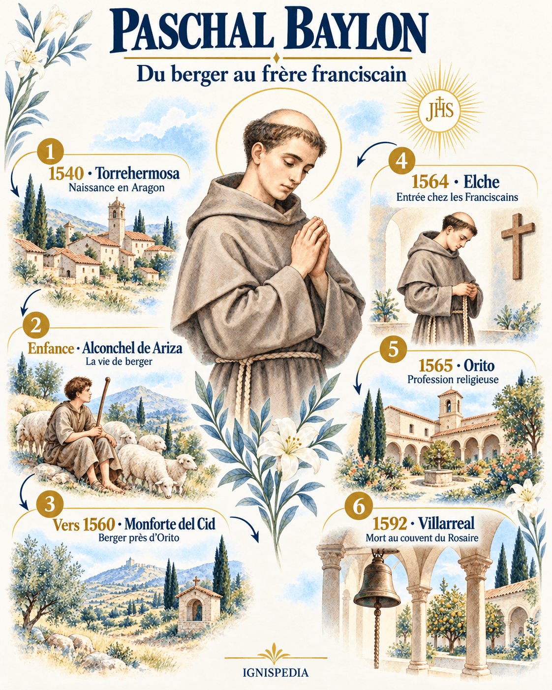 Six milestones in the journey of Paschal Baylon, from Torrehermosa in 1540 to Villarreal in 1592