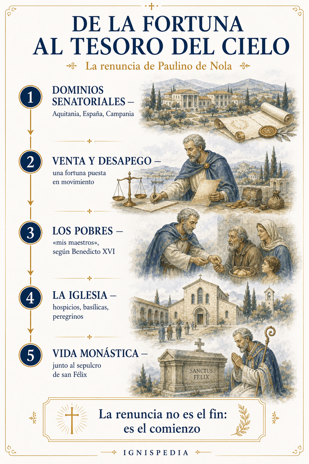 Infografía del renunciamiento de san Paulino de Nola, de la fortuna senatorial a la vida monástica
