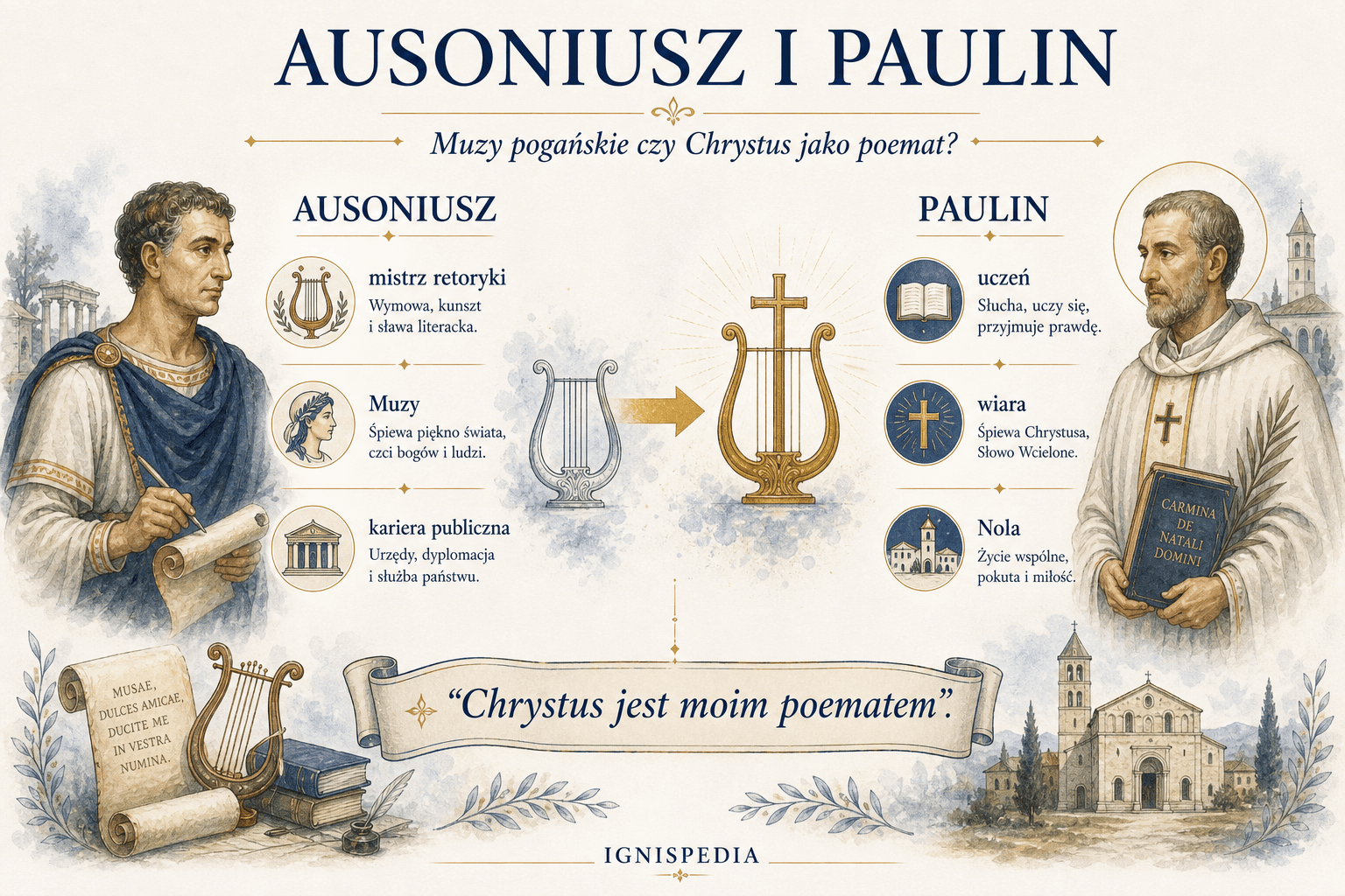 Infografika przedstawiająca konfrontację Ausoniusza i świętego Paulina z Noli