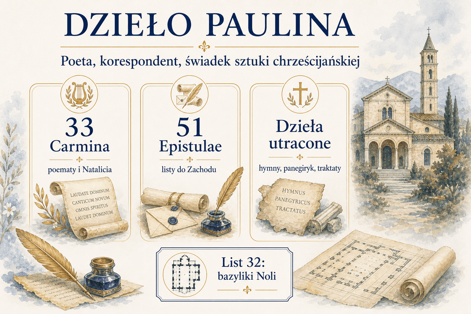 Infografika o poematach, listach i utraconych dziełach świętego Paulina z Noli