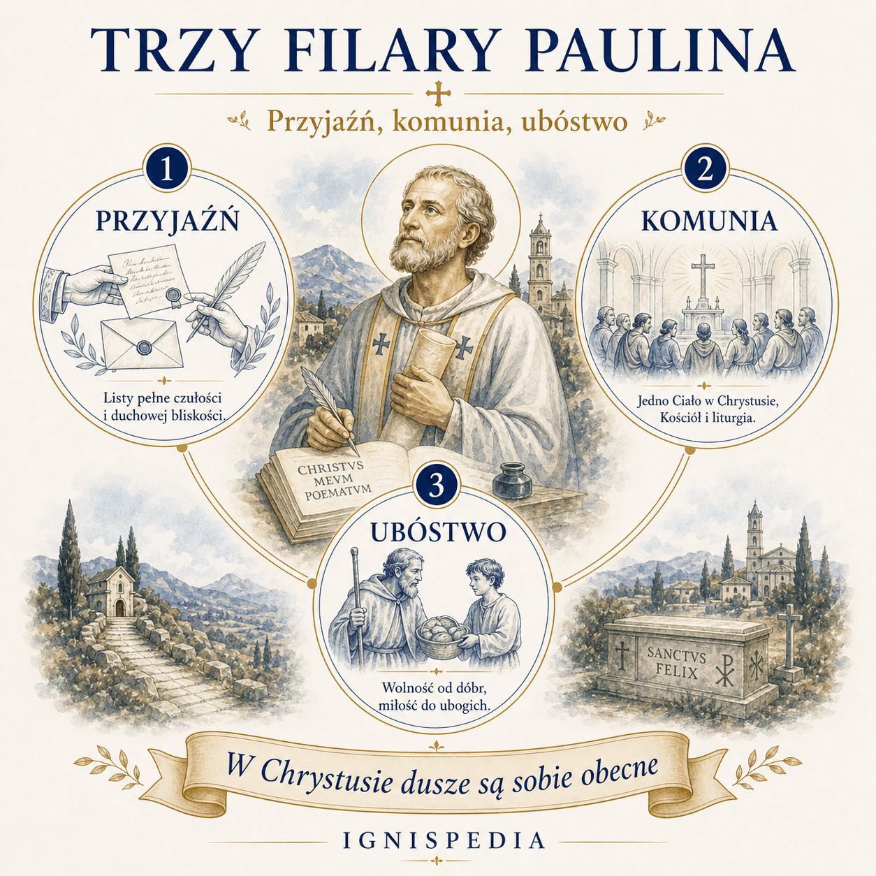 Infografika trzech filarów duchowych świętego Paulina z Noli