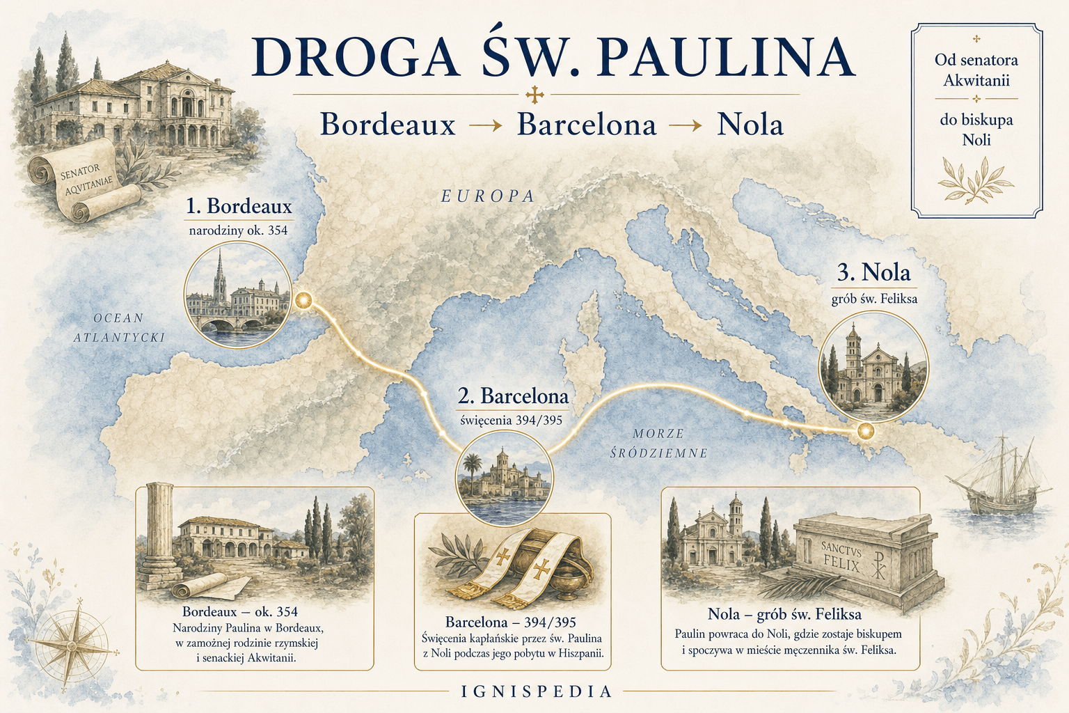 Mapa infograficzna trasy św. Paulina z Bordeaux do Barcelony, a następnie do Noli