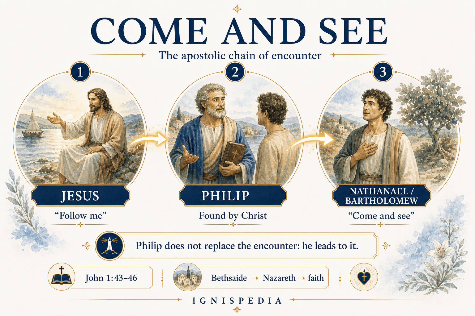 Infographic showing the chain from Jesus to Philip and Nathanael through the invitation Come and see