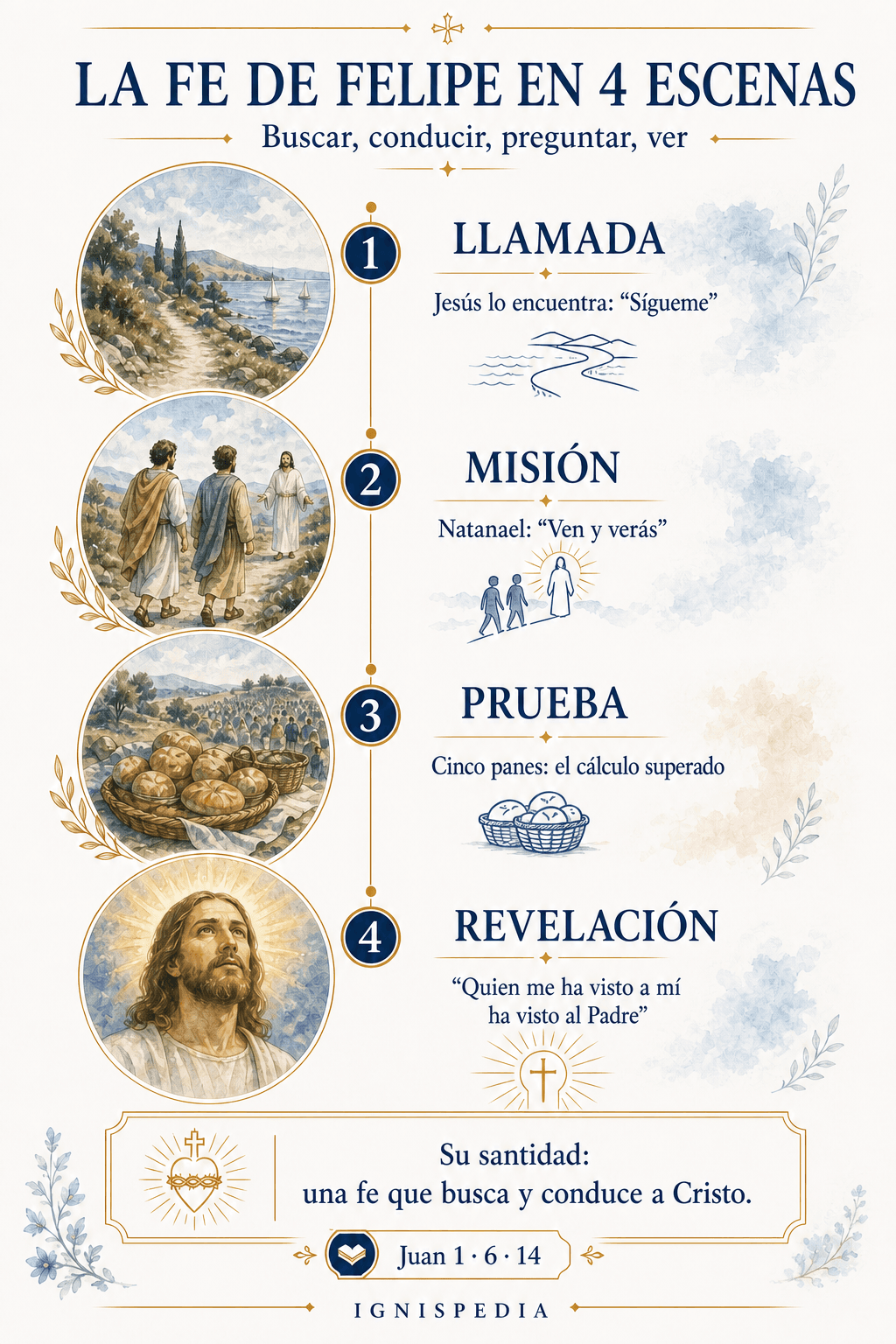 Infografía vertical que resume la fe de Felipe en cuatro escenas del Evangelio de Juan