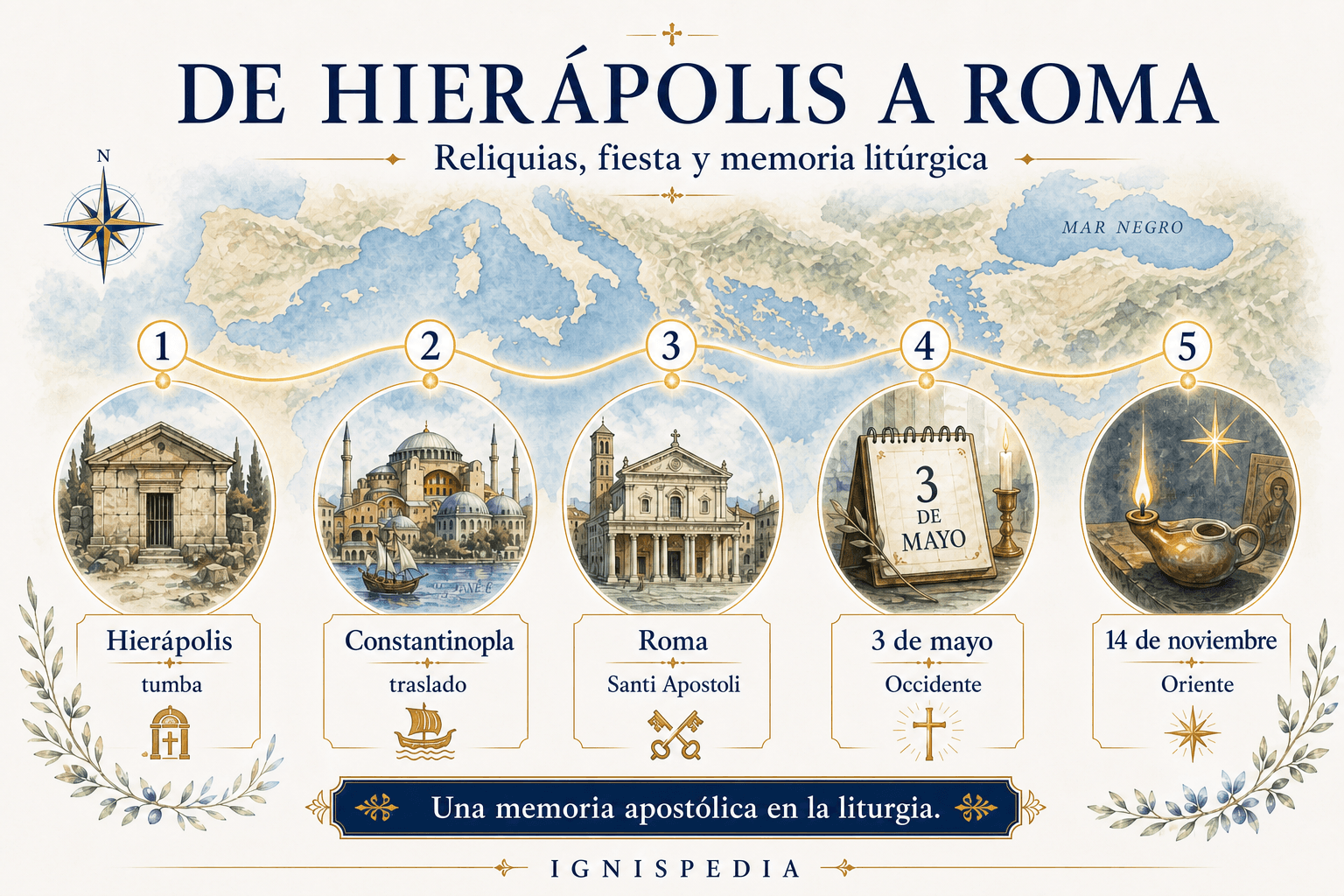 Mapa y cronología que recorren la memoria de san Felipe desde Hierápolis, pasando por Constantinopla, hasta Roma