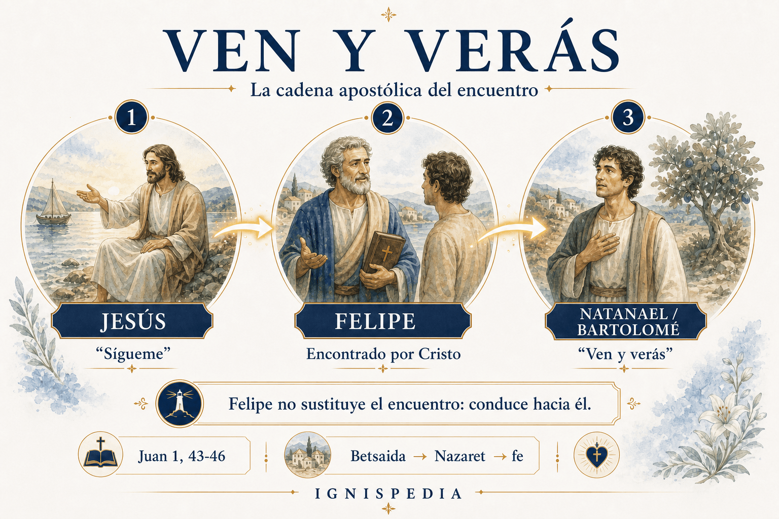 Infografía que muestra la cadena entre Jesús, Felipe y Natanael a través de la invitación Ven y verás