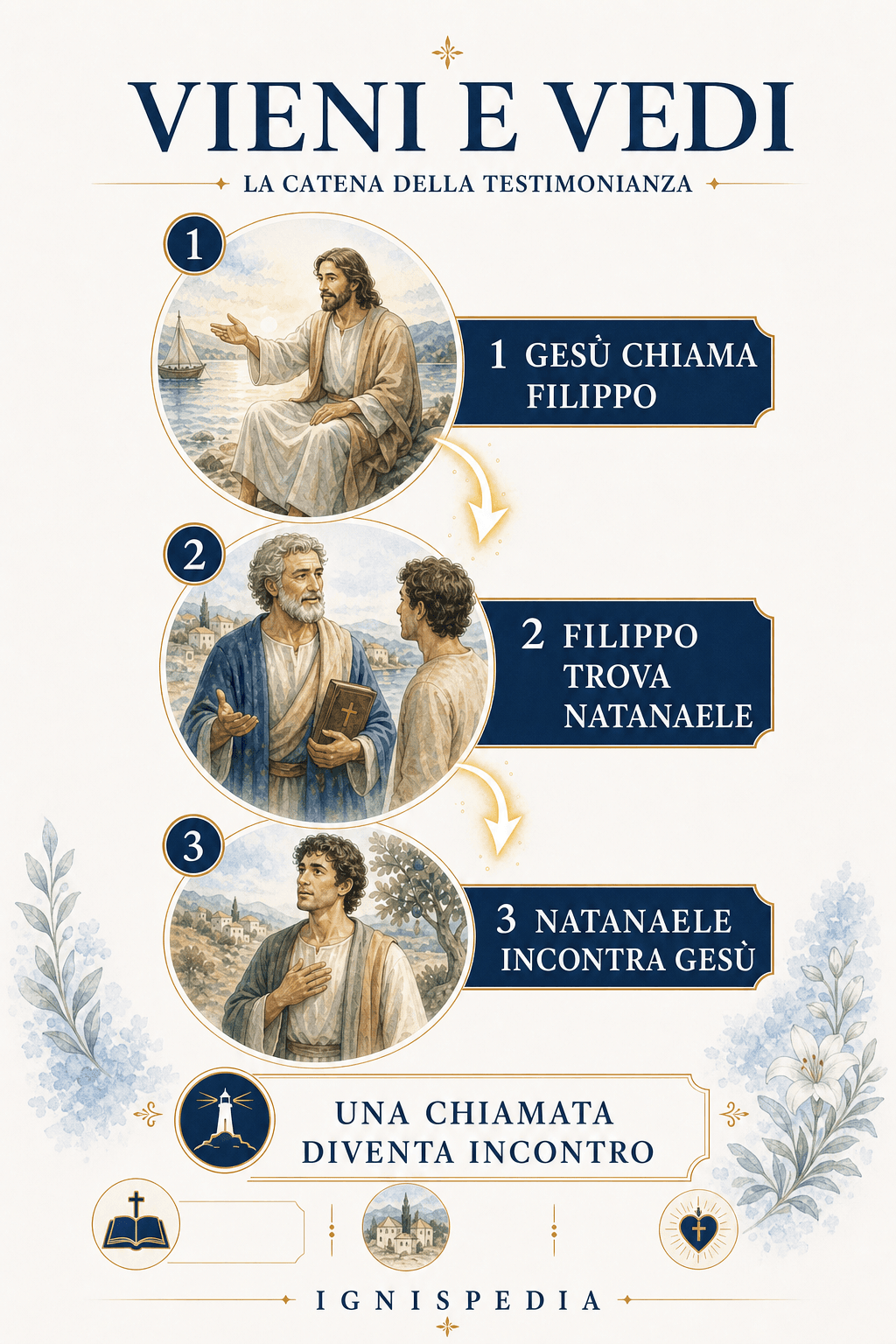 Infografica italiana sulla catena Gesù, Filippo e Natanaele attorno all'invito Vieni e vedi