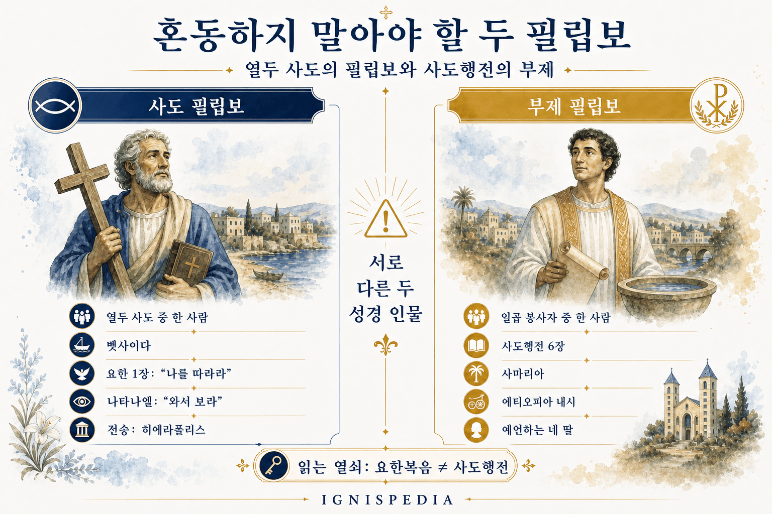사도 필립보와 부제 필립보를 비교해 요한복음과 사도행전의 두 인물을 구분하는 한국어 인포그래픽