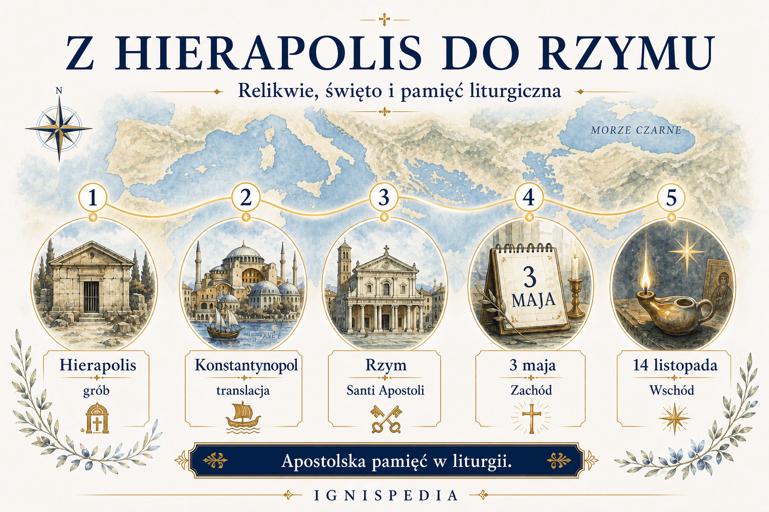 Mapa i oś czasu ukazujące pamięć o świętym Filipie od Hierapolis przez Konstantynopol do Rzymu