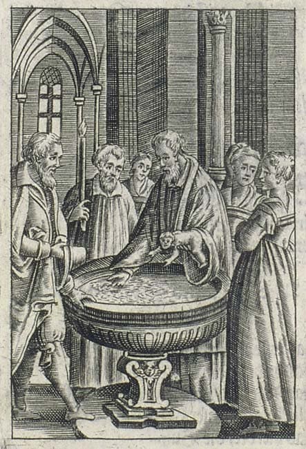 Gravure du baptême dans une édition allemande du catéchisme de Canisius publiée en 1679.