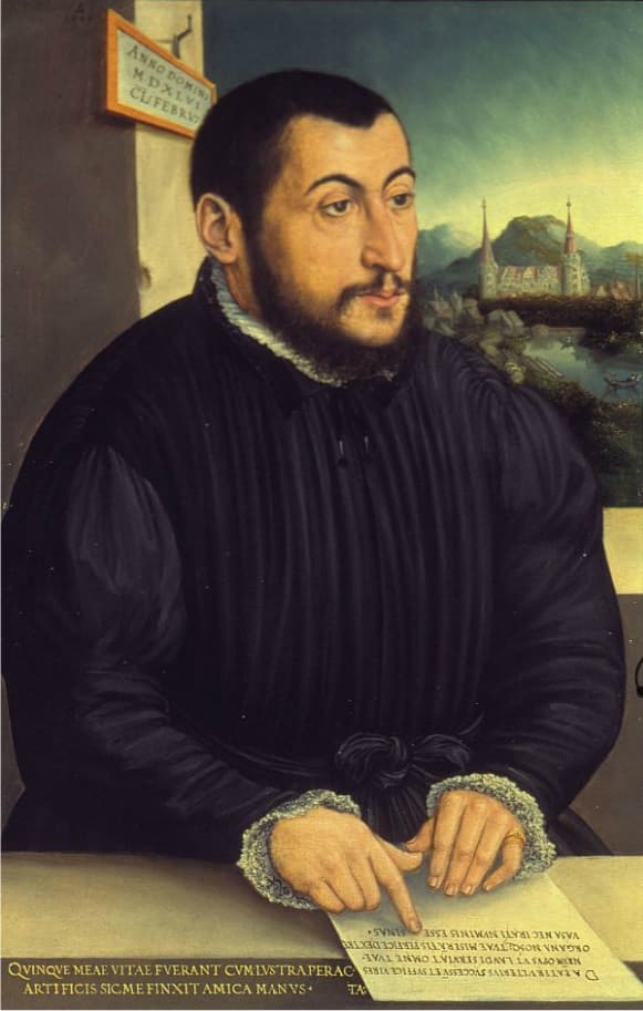 Portrait de saint Pierre Canisius en habit noir de jésuite, peinture de 1546 conservée sur Wikimedia Commons.
