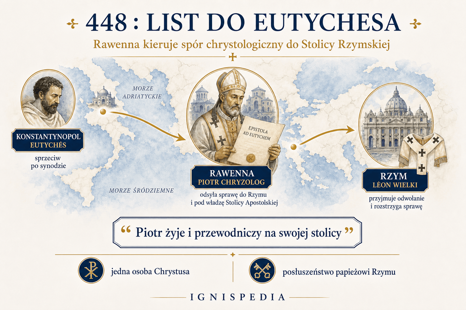 Infografika Ignispedia dotycząca listu świętego Piotra Chryzologa do Eutychesa z 448 roku, łącząca Konstantynopol, Rawennę i Rzym.