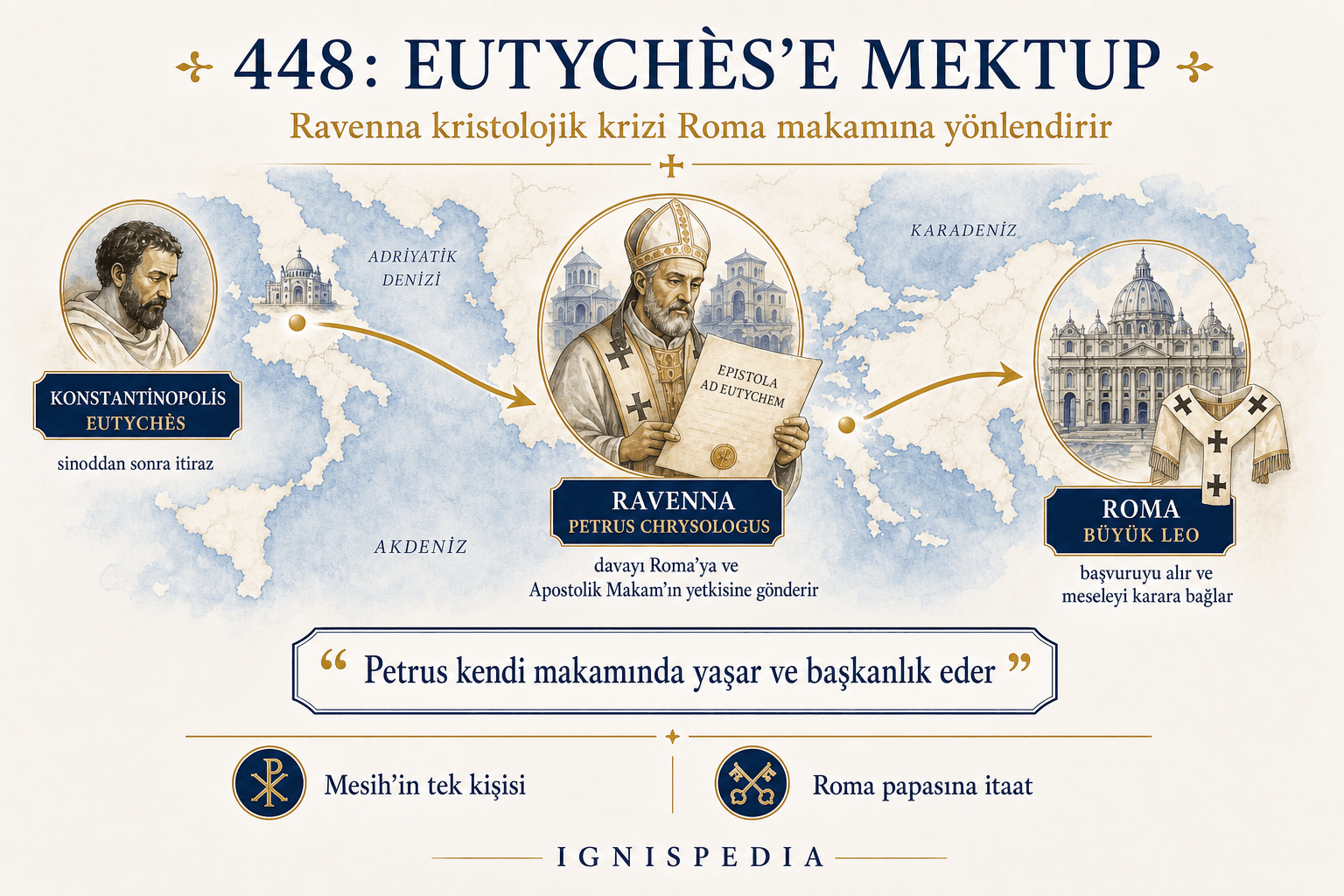 448 yılında Aziz Petrus Chrysologus’un Eutyches’e yazdığı mektup üzerine Ignispedia infografiği; Konstantinopolis, Ravenna ve Roma’yı birbirine bağlıyor.
