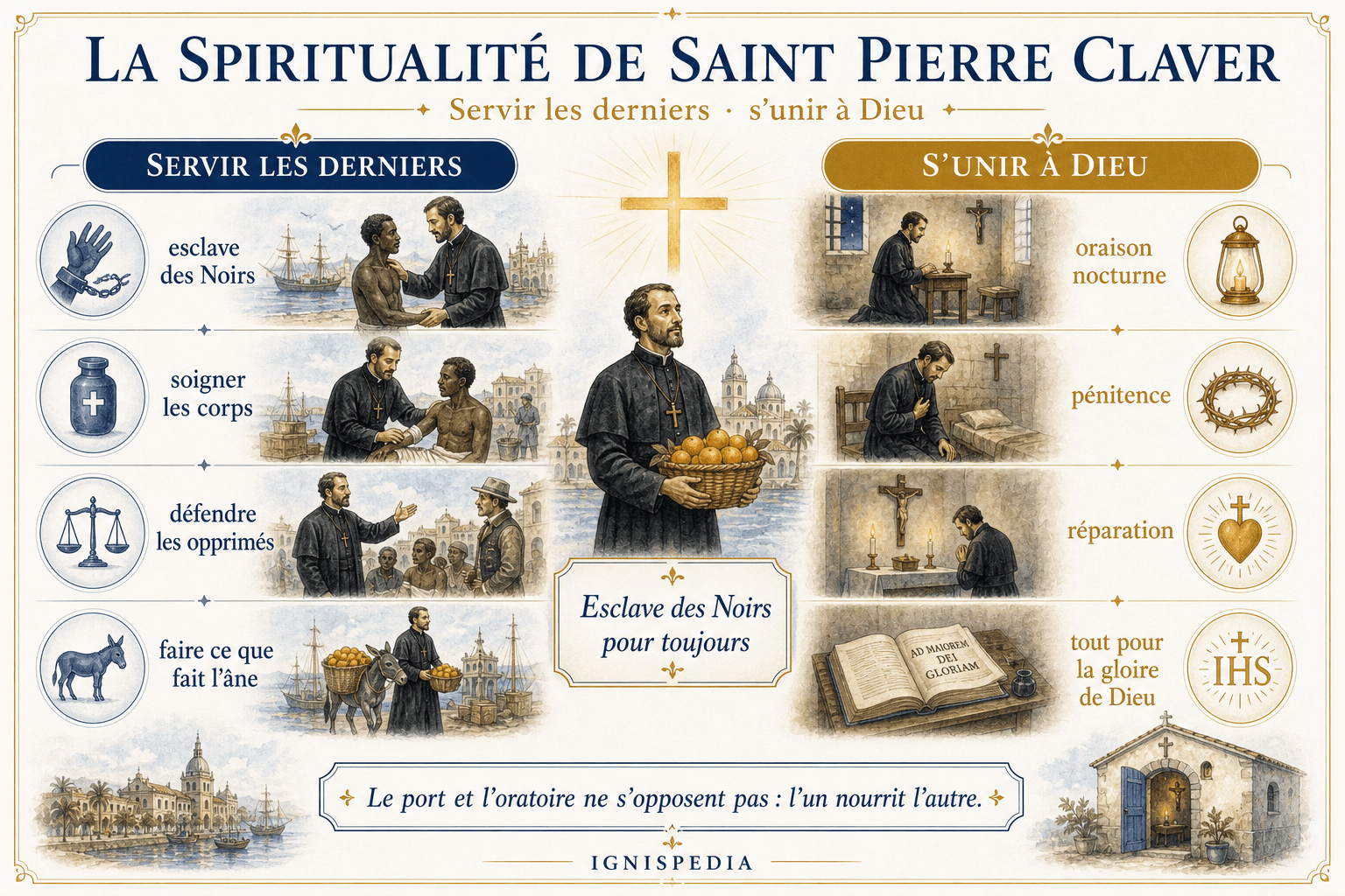 Infographic on the two poles of the spirituality of Saint Peter Claver: serving the least and union with God