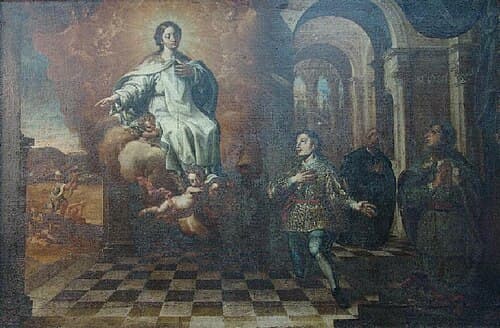 The Virgin Mary appearing to Saint Peter Nolasco, Saint Raymond of Penyafort and King James I of Aragon.