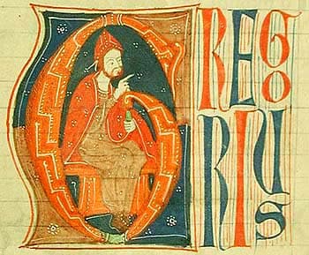 Medieval miniature depicting Pope Gregory IX seated with a book and a pastoral staff.